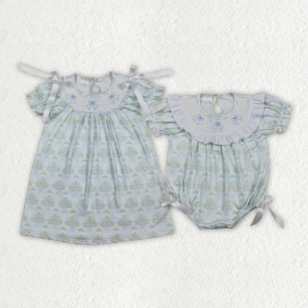 2.3 RTS Sibling Smocked Bows Flower Checked Knee Length Dress Ruffle Rompers