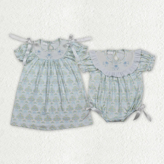 2.3 RTS Sibling Smocked Bows Flower Checked Knee Length Dress Ruffle Rompers
