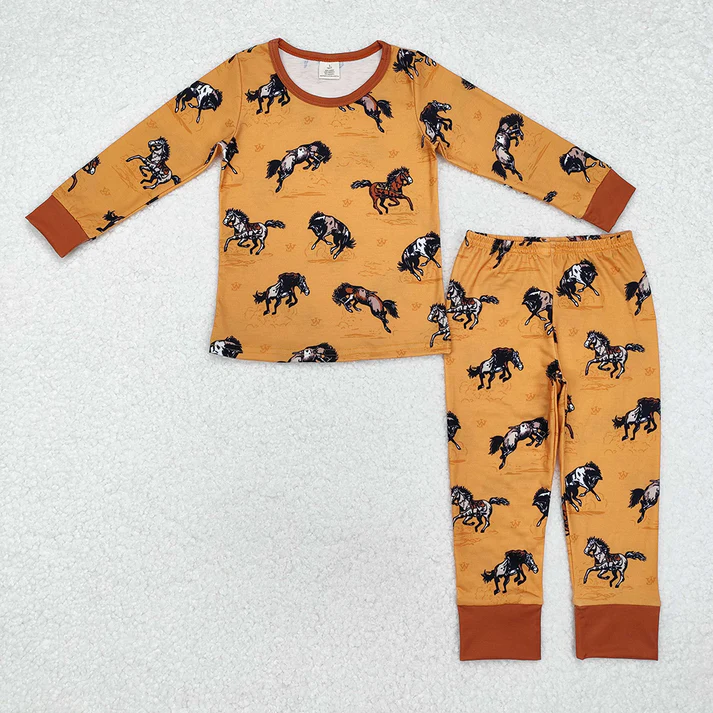 Baby Boys Galloping Horse Brown Long Sleeve Long Pants Pajama Set & Crawling Suit