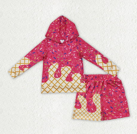 BLS0040（BT1271+SS0636） RTS NO MOQ （In stock）Baby Girls Summer Red Watermelon Sprinkles Drip Print Hoodie Top Elastic Waist Shorts Set