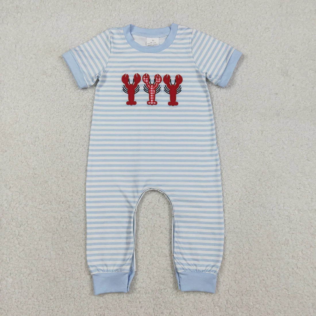 12.18 RTS Sibling Baby Boys Embroidery Crayfishes Stripe Pockets Pants Clothes Set Footie Rompers
