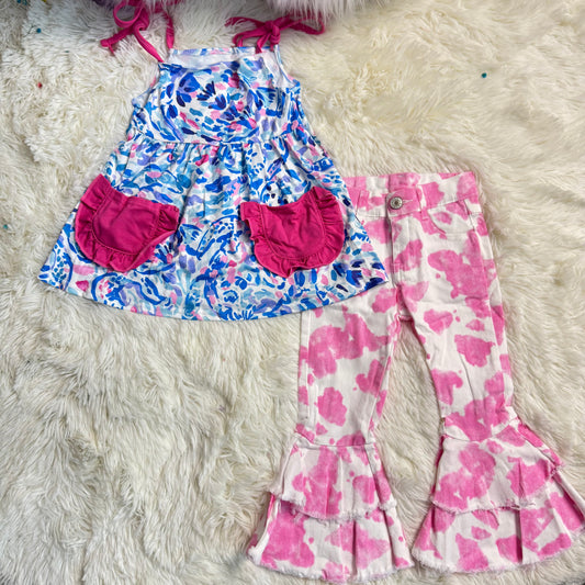 12.30 RST GT0549 + P0406 Baby Girls Pink Blue Grasses Straps Tunic Tops Ruffle Bell Flare Denim Pants