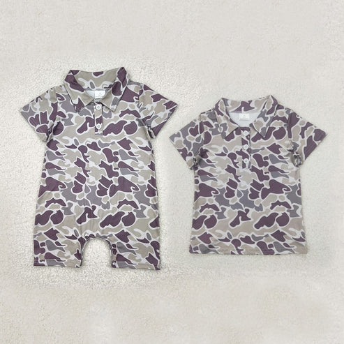 11.11 RTS Sibling Baby Boys Short Sleeves Lavender Gray Camo Button Polo Shirts Top Rompers