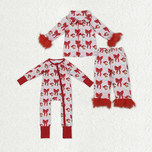 9.23 RTS Sibling Baby Girls Red Bows Santa Christmas Zipper Footie Rompers Button Fur Pajamas Sets