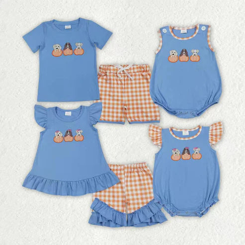 9.19 RTS Sibling Baby Boys Girls Embroidery Pumpkins Dogs Shorts Clothes Sets Rompers
