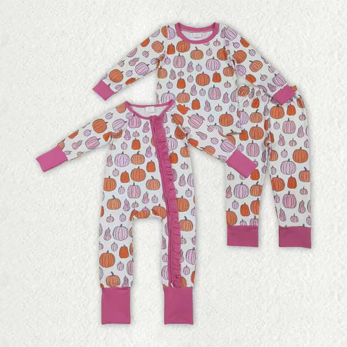 9.17 RTS Sibling Baby Girls Pink Pumpkins Fall Pajamas Sets Ruffle Zipper Footie Rompers