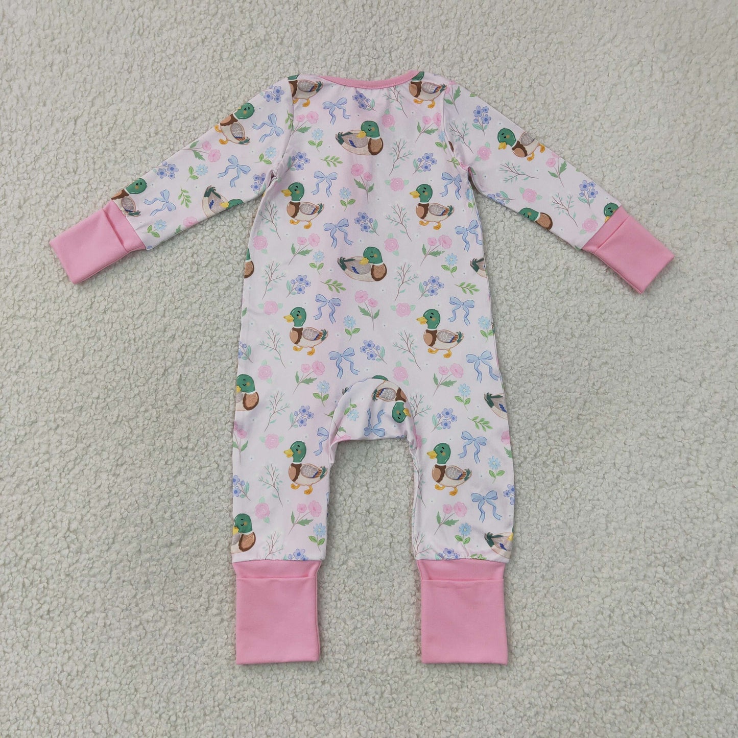 LR3071  RTS NO MOQ （In stock）Baby Girls Cute Floral Duck Long Sleeve Two Way Ruffle Zip Convertible Rompers