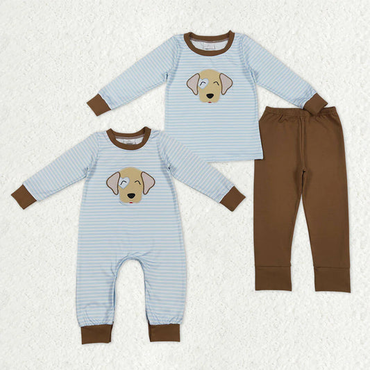 12.16 RTS Sibling Baby Boys Embroidery Dogs Stripe Pants Clothes Set Rompers