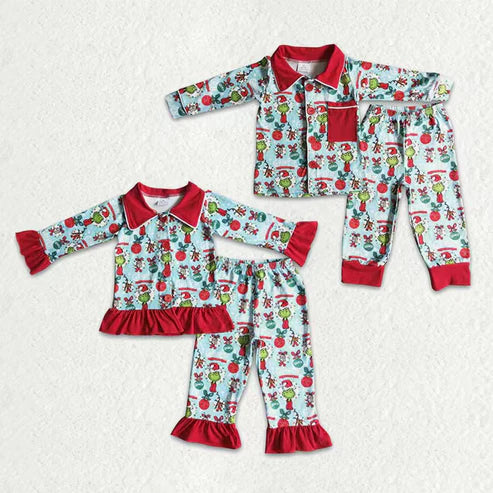 9.17 RTS Sibling Baby Kids Green Faces Miss Button Top Pants Christmas Pajamas Sets
