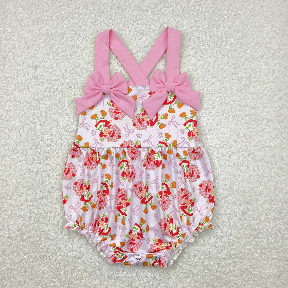 11.10 RTS Sibling Baby Girls Pink Strap Bows Strawberry Floral Knee Length Dresses Rompers