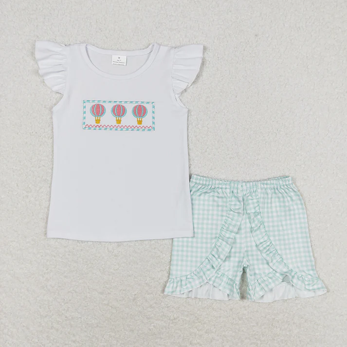 White Top Girl's Short Sleeve Shorts Set Hot Air Balloon Print Casual Children's Outfit for Girls