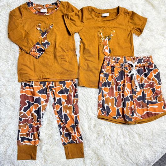 12.12 RST Sibling Baby Boys Embroidery Brown Camo Deer Pockets Pant Short Hunting Clothes Sets