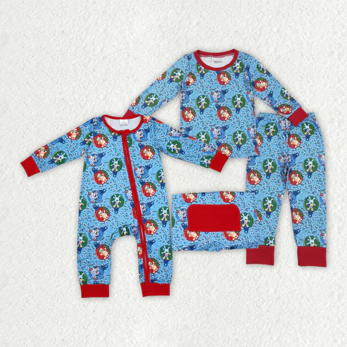 9.22 RTS Sibling Baby Boys Christmas Dogs Top Pants Pajamas Clothes Sets Zipper Footie Romper