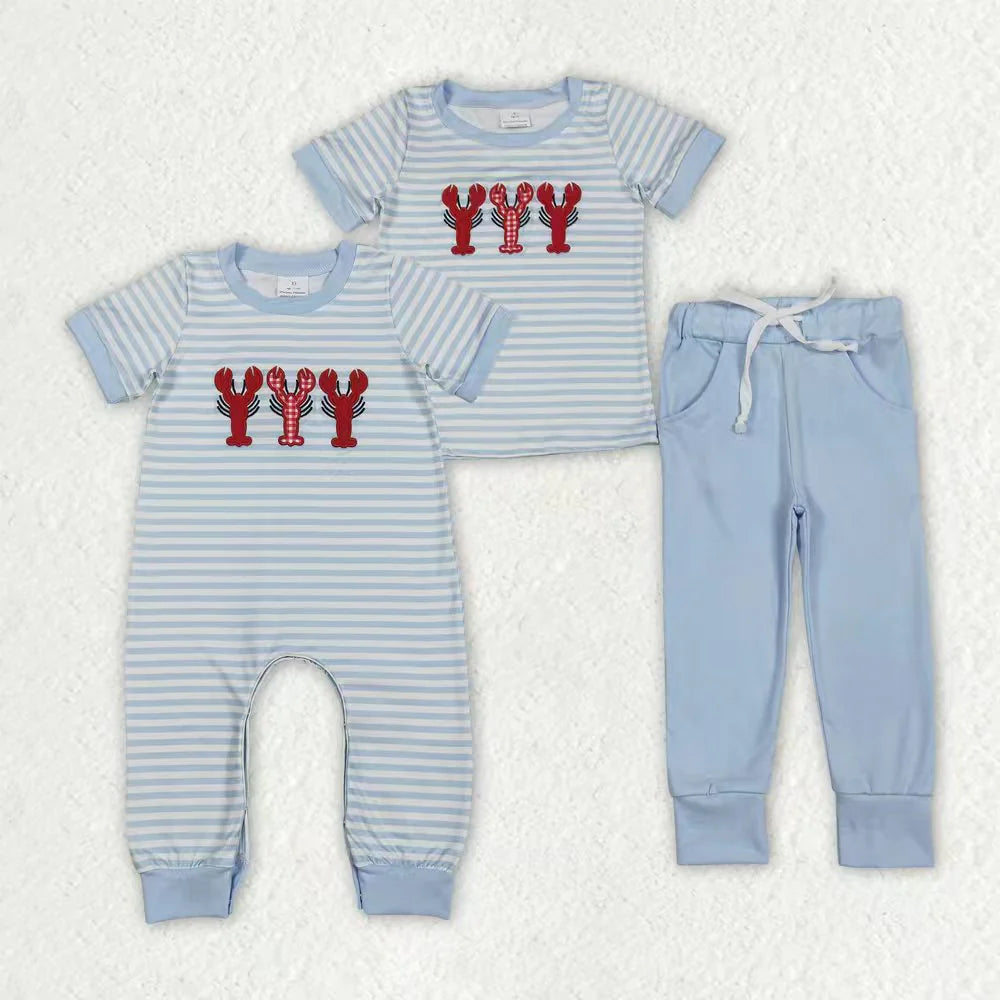 12.18 RTS Sibling Baby Boys Embroidery Crayfishes Stripe Pockets Pants Clothes Set Footie Rompers