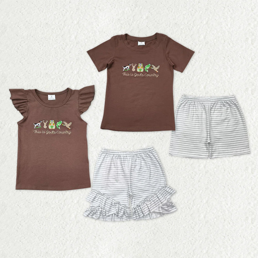 12.27 RTS Sibling Baby Boys Girls Embroidery This is God'd Country Top Stripe Shorts Hunting Clothes Sets