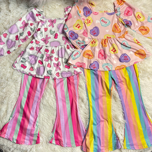 12.22 RST Sibling Baby Girls Colorful Hearts Bows Tunic Stripe Bell Bottom Pants Valentines Clothes Sets