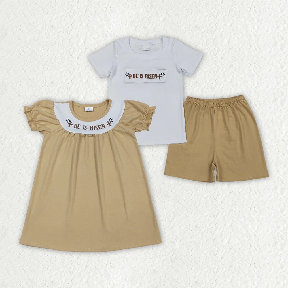 1.7 RTS Sibling Baby Boys Girls Embroidery Crosses He is Risen Easter Clothes Sets Knee Length Dress