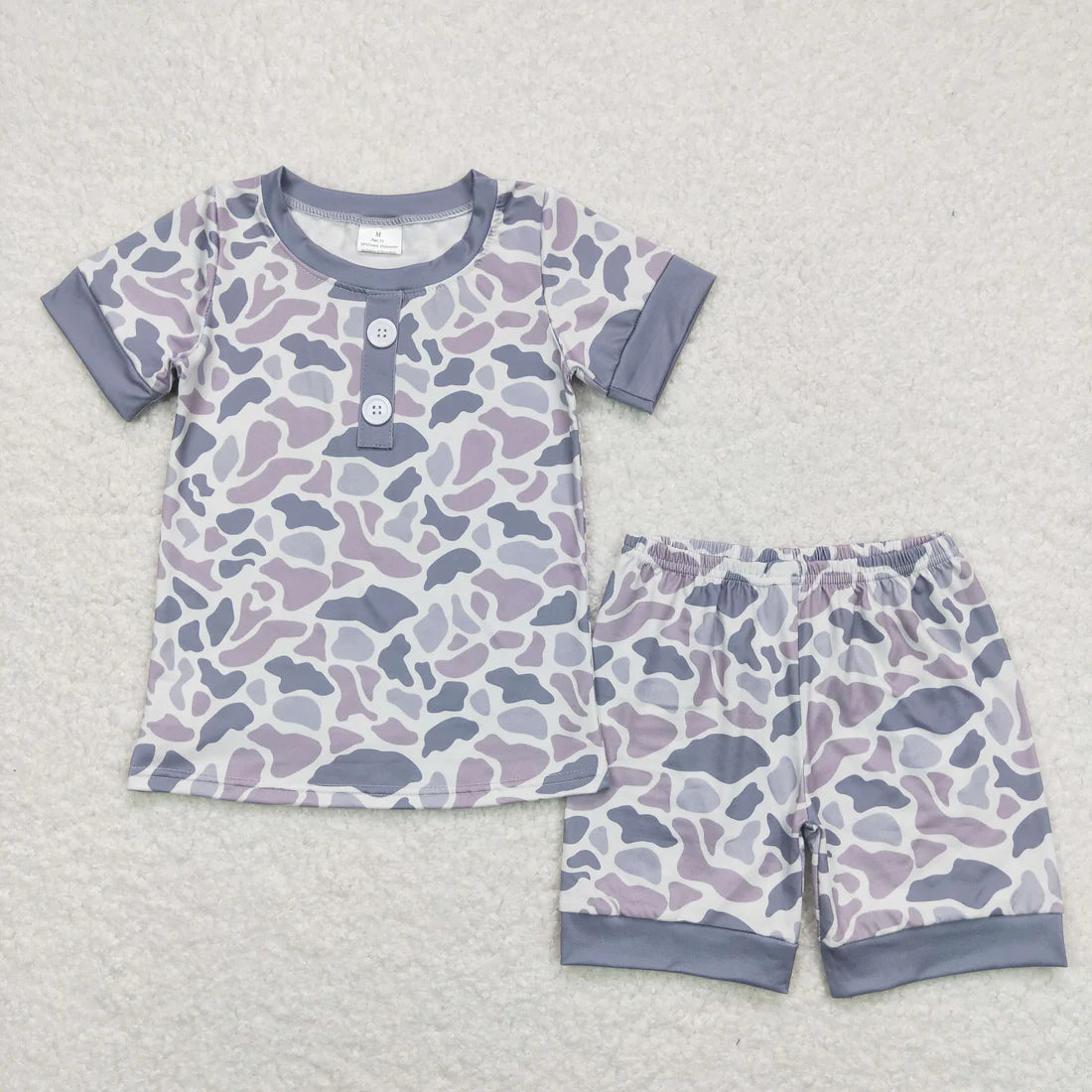 12.8 RTS Sibling Baby Boys Southern Light Grey Camo Button Shirts Top Shorts Pajamas Clothes Set
