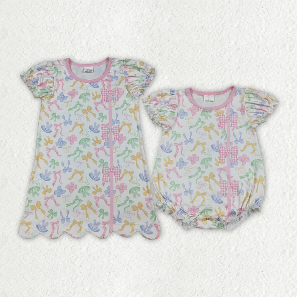 3.26 RTS Sibling Baby Girls Short Ruffle Sleeve Colorful Bows Scallop Knee Length Dress Rompers