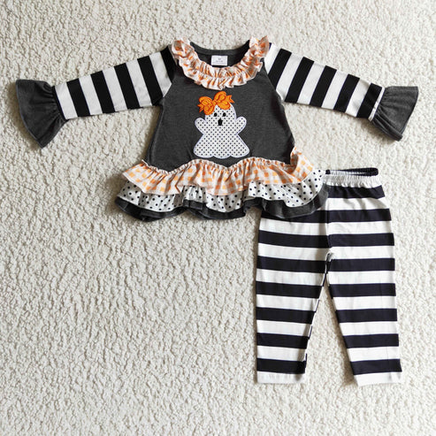 9.19 RTS Sibling Baby Girls Black Stripe Embroidery Ghost Tunic Leggings Pants Halloween Clothes Sets Rompers