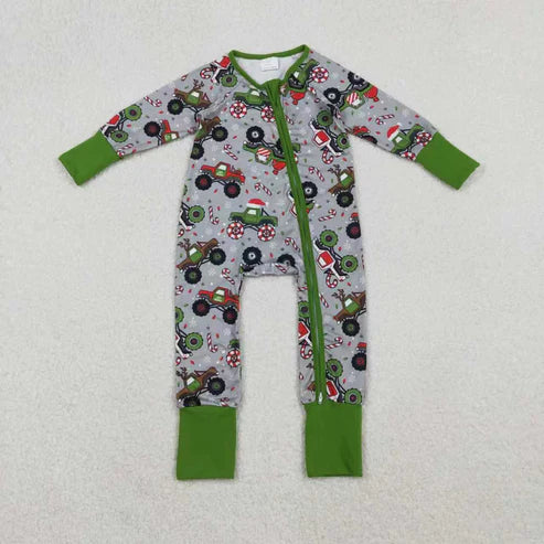 11.4 RTS Sibling Baby Boys Trucks Candy Cane Christmas Pants Pajamas Sets Zipper Rompers