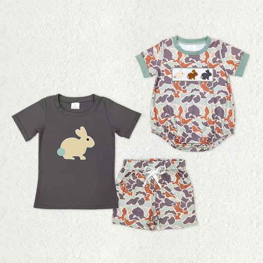 1.7 RTS Sibling Baby Boys Embroidery Rabbits Camo Pockets Shorts Easter Clothes Sets Rompers
