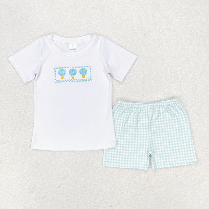 White Top Girl's Short Sleeve Shorts Set Hot Air Balloon Print Casual Children's Outfit for Girls