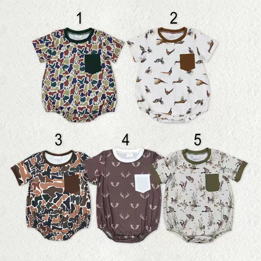 11.22 RST Sibling Baby Boys Short Sleeves Deer Dogs Ducks Turkey Camo Hunting Pocket Rompers
