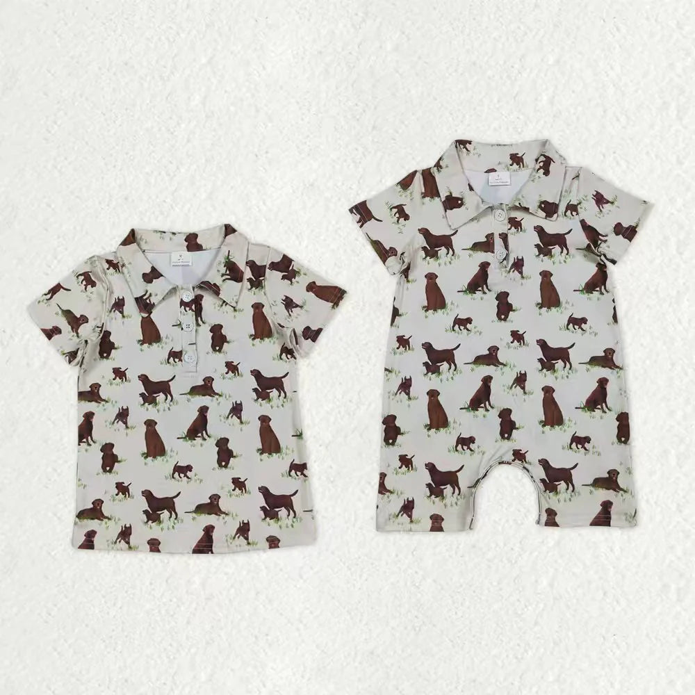 11.25 RTS Sibling Baby Short Sleeve Button Boys Dogs Hunting Polo Shirt Top Short Romper