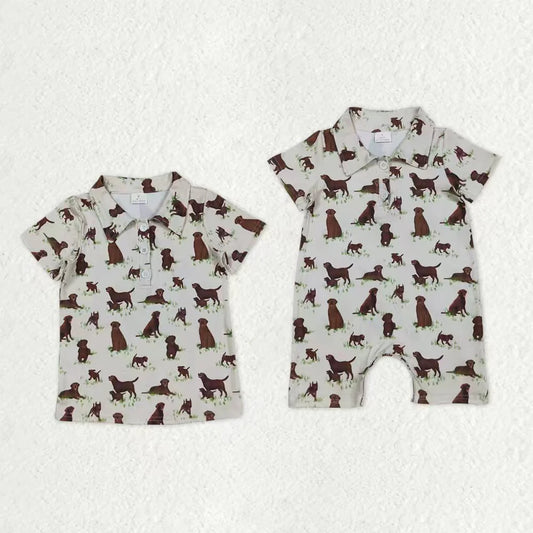 11.25 RTS Sibling Baby Short Sleeve Button Boys Dogs Hunting Polo Shirt Top Short Romper