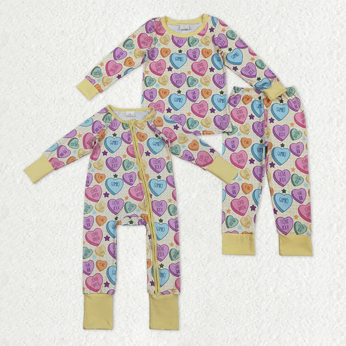 11.11 RTS Sibling Baby Girls Colorful Hearts Stars Pants Valentines Pajamas Sets Two Way Zip Convertible Rompers
