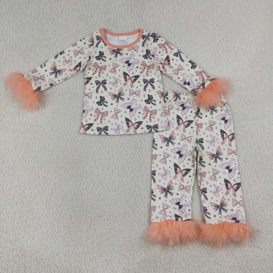 GLP3386  RTS NO MOQ （In stock）Baby Girls Halloween Colorful Bow Printed Sleeve Top Pants Pajama Set