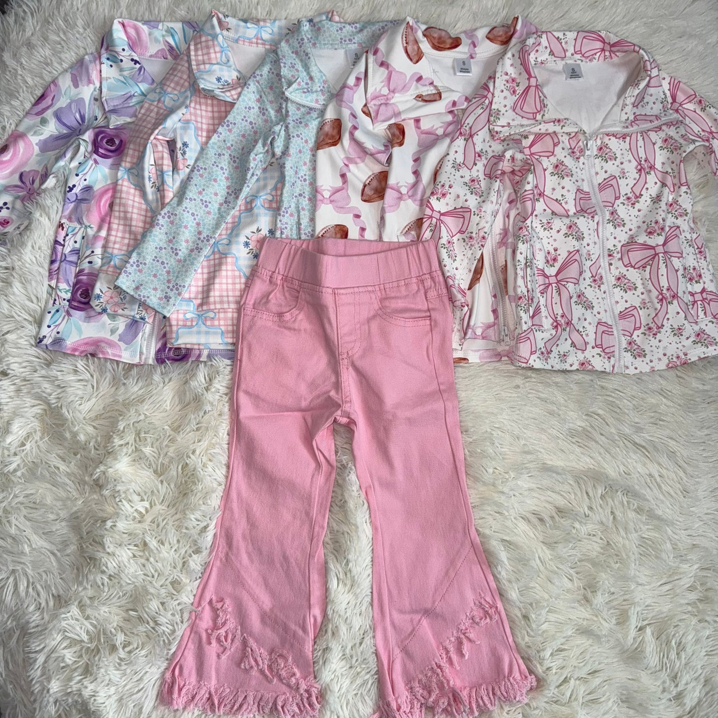 11.13 RST Sibling Baby Girls Flowers Bows Pockets Zipper Yoga Active Pullovers Top  Pink  Jeans Sets