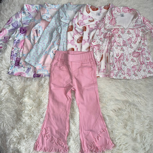 11.13 RST Sibling Baby Girls Flowers Bows Pockets Zipper Yoga Active Pullovers Top  Pink  Jeans Sets