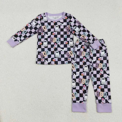 9.20 RTS Sibling Baby Girls Black Lavender Checked Ghosts Halloween Pajamas Sets Zipper Footie Rompers