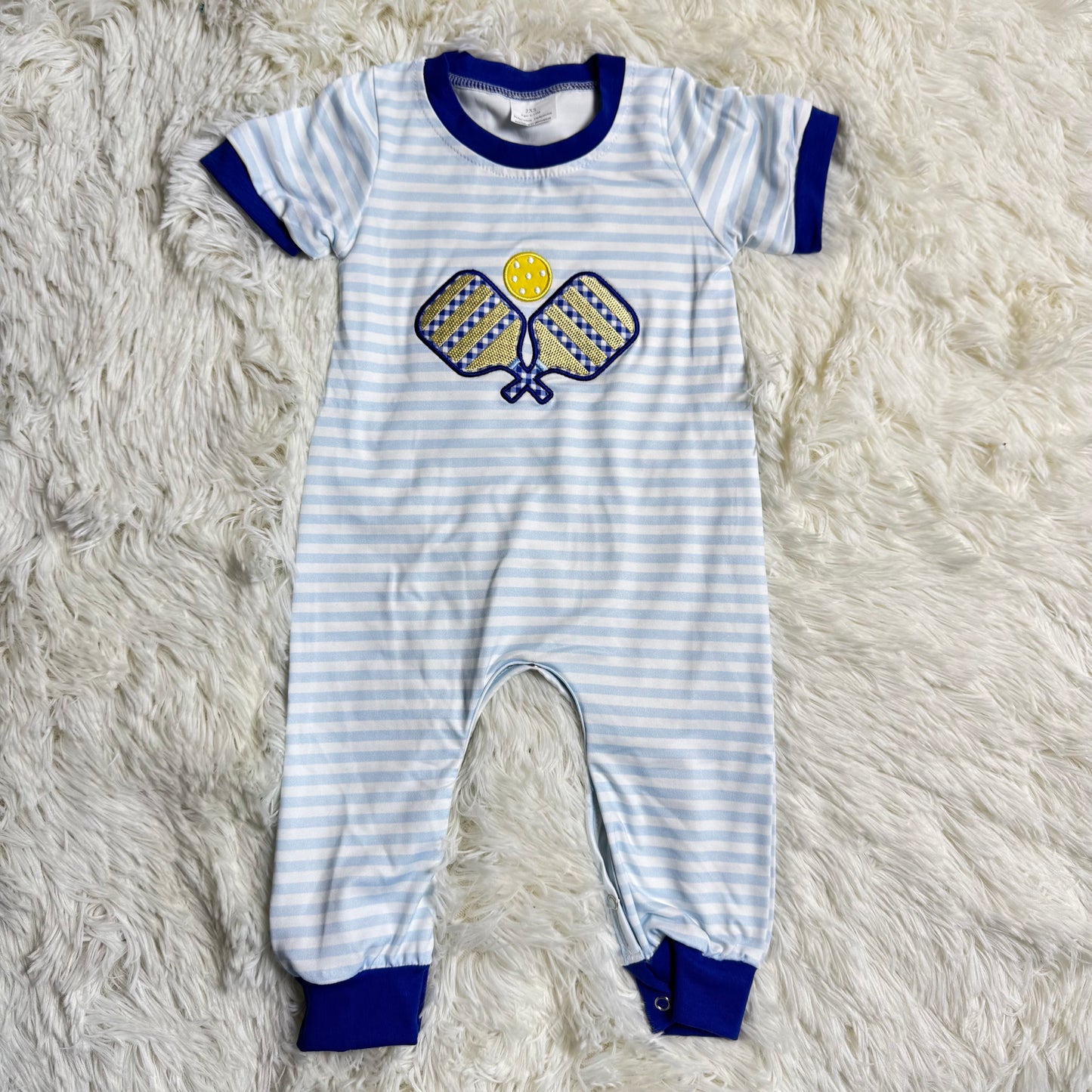 12.12 RTS Sibling Baby Boys Blue Stripe Embroidery Tennis Pants Team Clothes Set Footie Rompers