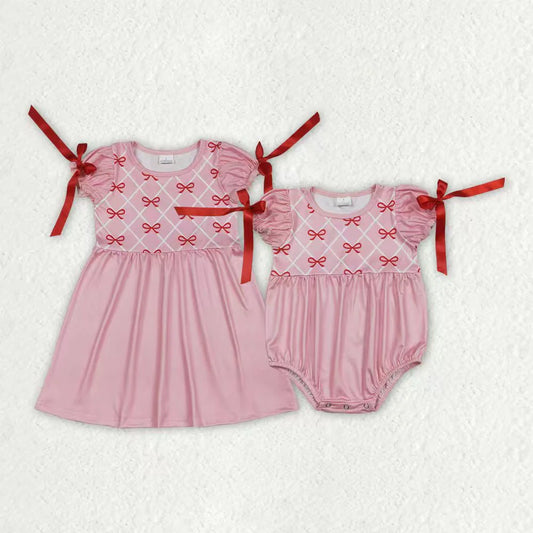 12.19 RTS Sibling Baby Girls Red Bows Checked Knee Length Dresses Ruffle Rompers
