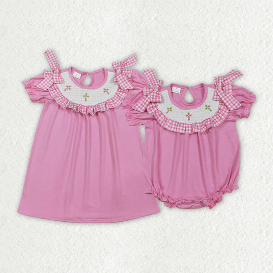 1.13 RTS Sibling Smocked Crosses Baby Girls Pink Short Sleeve Easter Knee Length Dress Ruffle Rompers