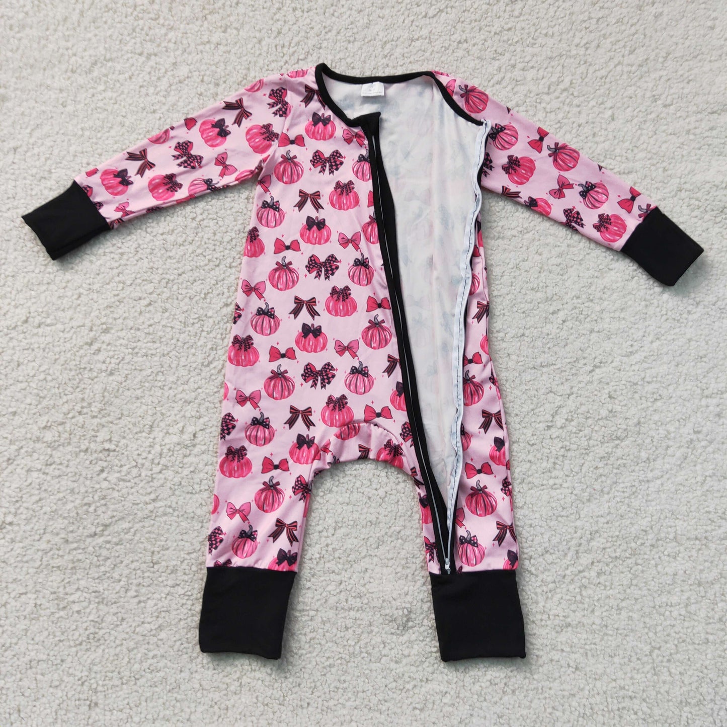LR3069   RTS NO MOQ （In stock）Baby Girls Cute Pink Bow Pumpkin Long Sleeve Two Way Zip Ruffle Convertible Rompers