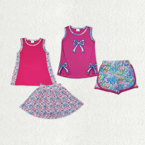9.22 RTS Sibling Baby Girls Sleeveless Embroidery Bow Floral Print Shorts Skorts Clothes Sets