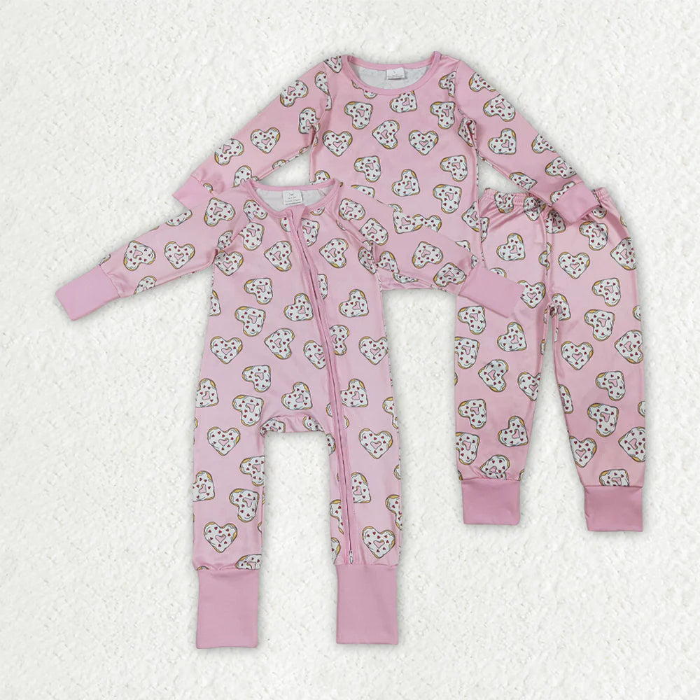 1.14 RTS Sibling Baby Girls Hearts Donuts Top Pants Valentines Pajamas Set Zipper Rompers
