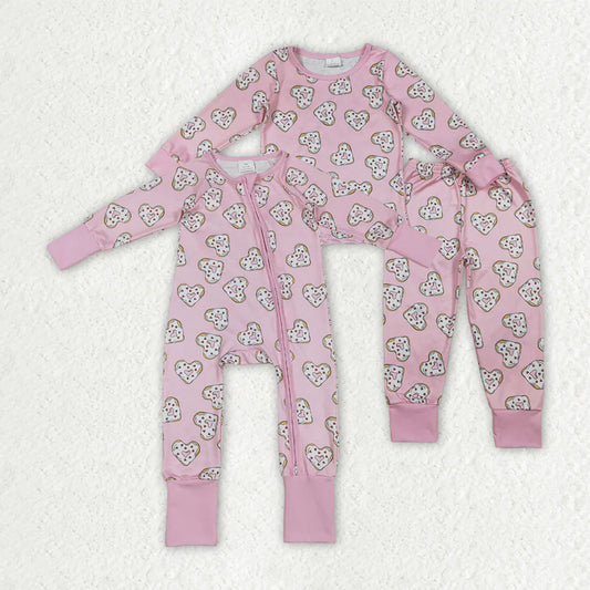 1.14 RTS Sibling Baby Girls Hearts Donuts Top Pants Valentines Pajamas Set Zipper Rompers