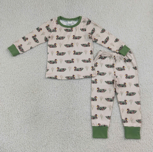 RTS NO MOQ Sibling milk silk Baby Boys Camo Duck Plaid Print Long Sleeve Top Pant  Pajama Set Rompers