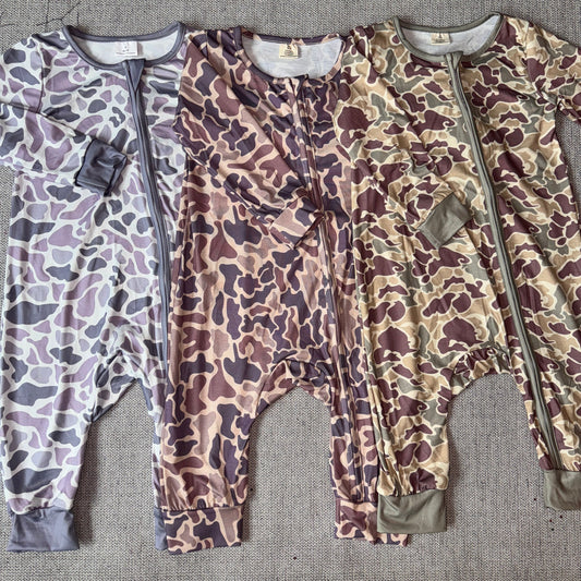 10.28 RTS Sibling Baby Infant Boys Western Camo Long Sleeve Fall Zip Rompers