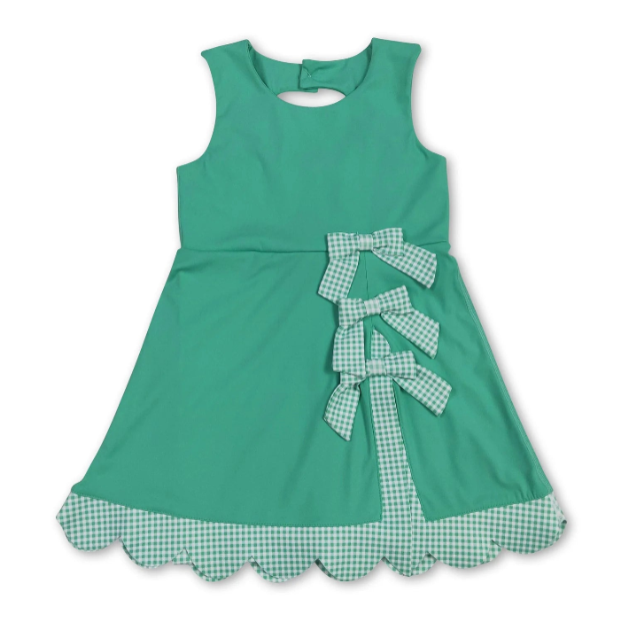 RTS NO MOQ Sibling yoga fabric Baby Girls Bow Scallop Trim Knee Length  Athletic Short Dress