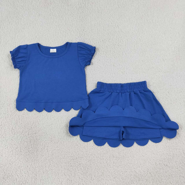 GSD3937 RTS NO MOQ （In stock）Baby Girls Hot Blue Ruffle Sleeve Top Skirts Scallop Casual Set