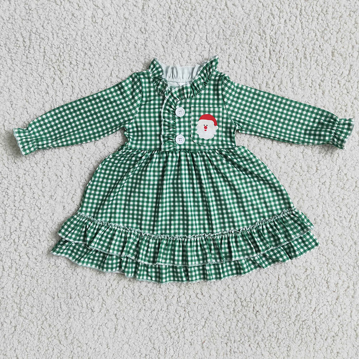 Baby Girls Embroidered Santa Claus Green Plaid Long Sleeve Long Pants Pajama Dress Set