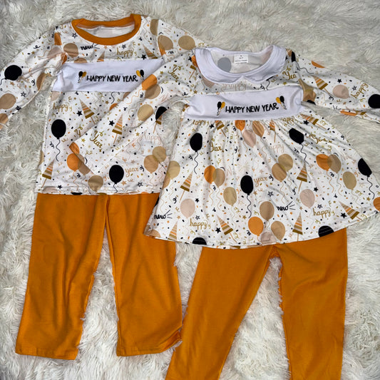 11.10 RST Sibling Baby Boys Girls Embroidery Happy New Year Balloons Stars Top Pants Clothes Sets