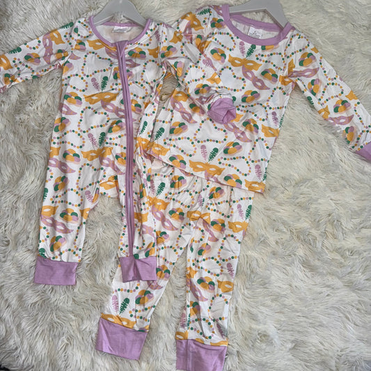 11.25 RTS Sibling Baby Girls Mardi Gras Masks Lavender Rompers Pajamas