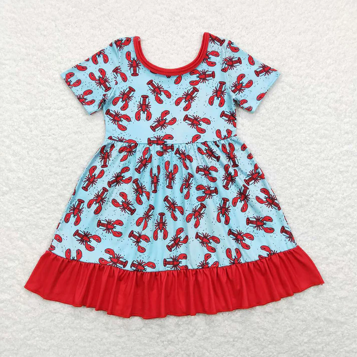 Baby Girls Red Crayfish Lake Blue Short Sleeve Dress Crawling Suit